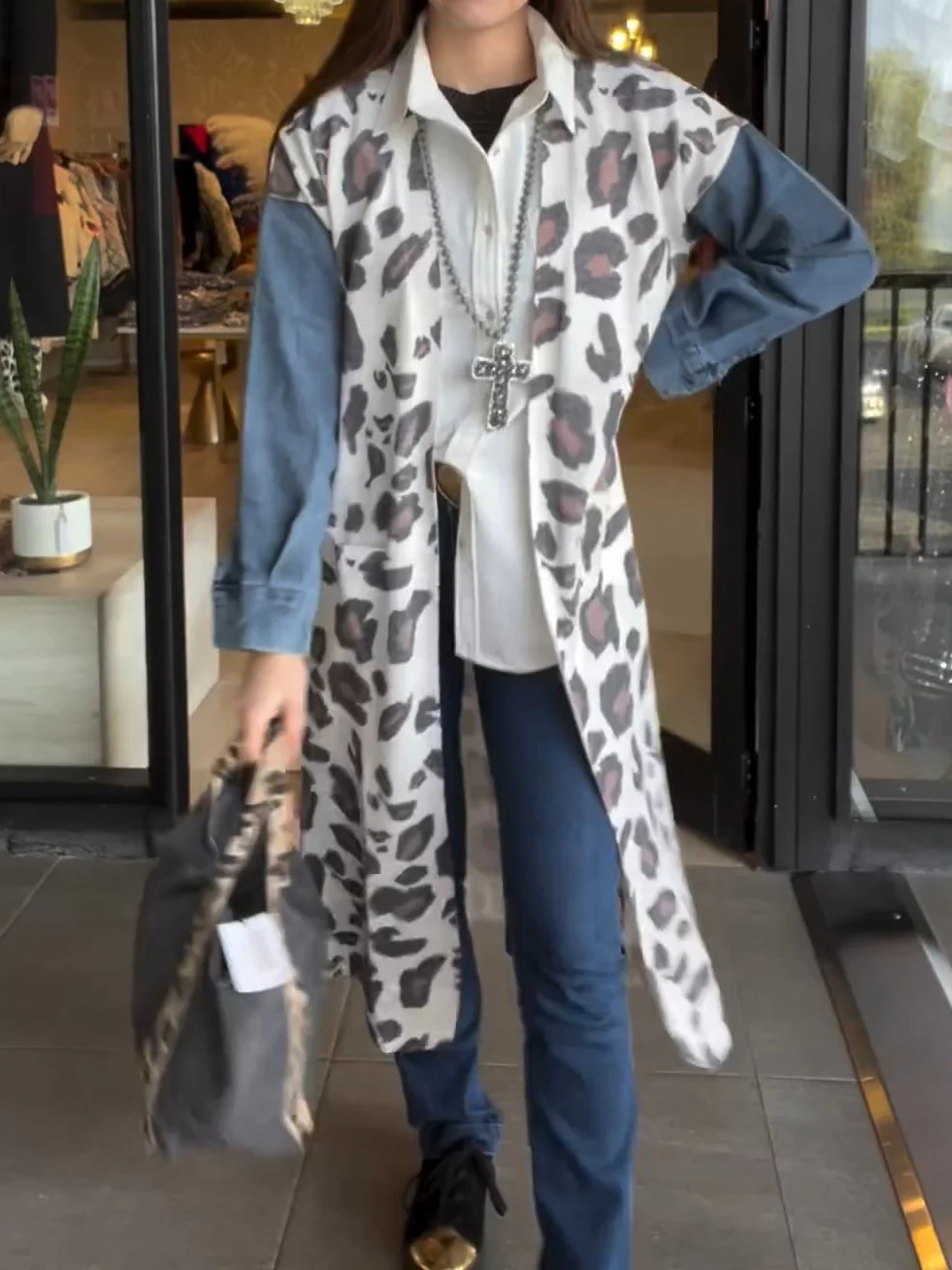 Women's Leopard Print Knitted Patchwork Long Jacket