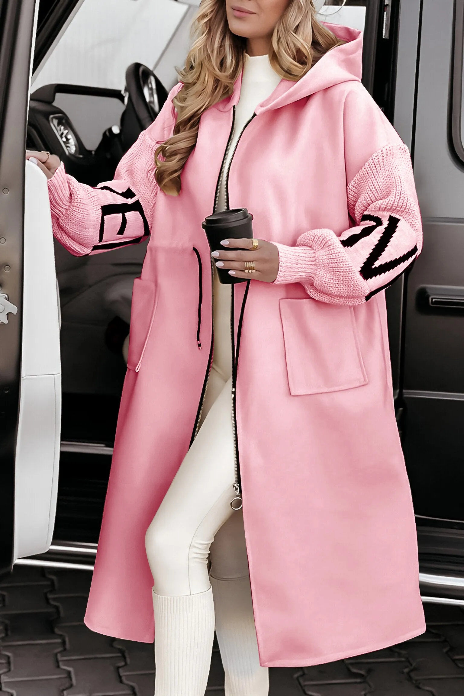 Women's Hooded Long Sleeve Knitted Sleeves Patchwork Casual Jacket